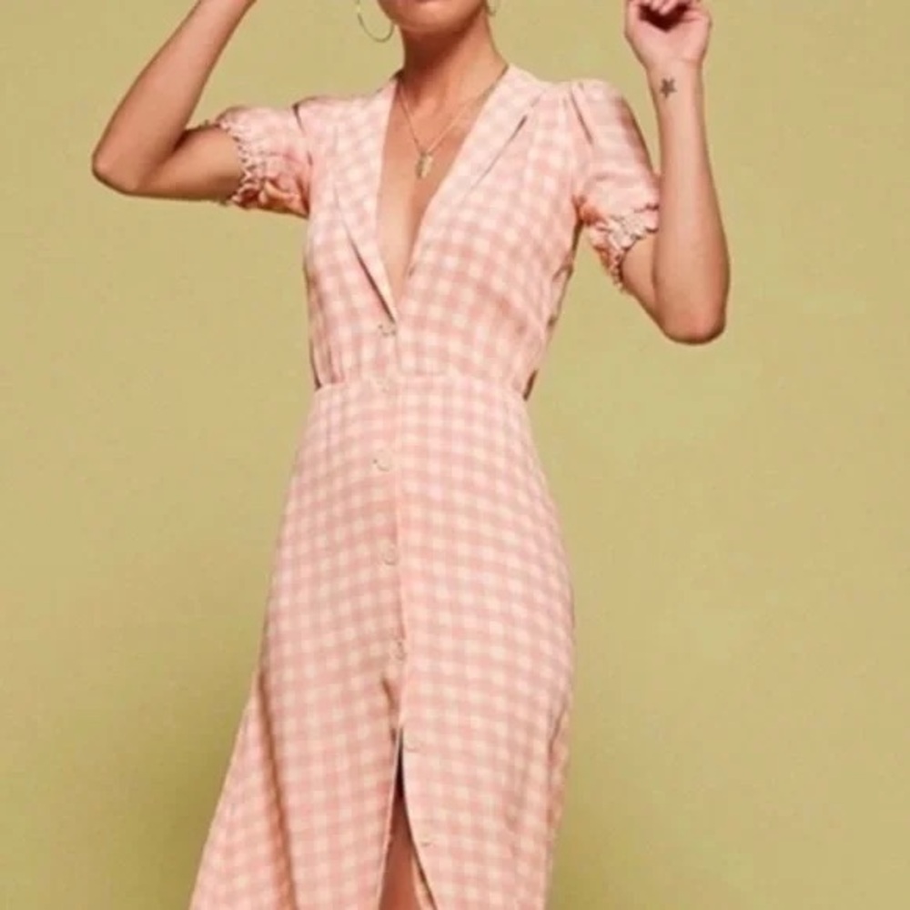 Reformation Pink Gingham Midi Dress